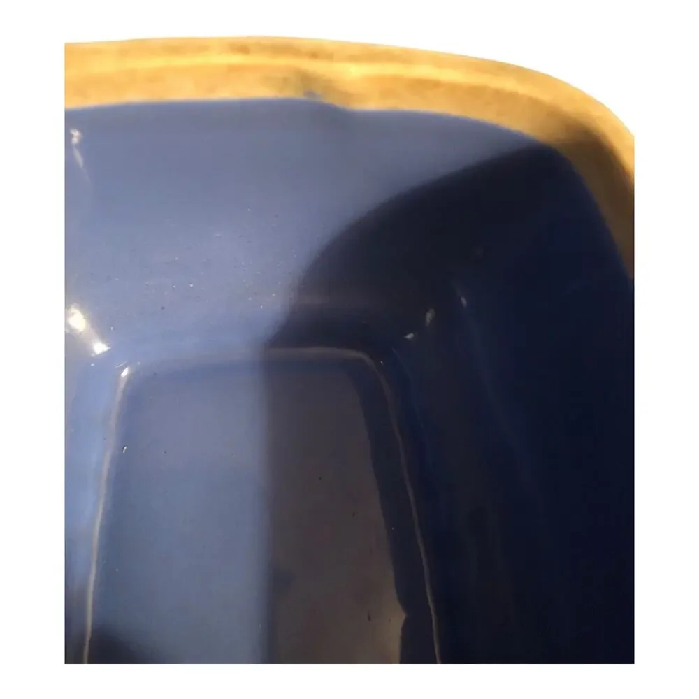 Vintage Hall Pottery Montgomery Ward Blue Gold Trim Rectangular Dish 8” USA